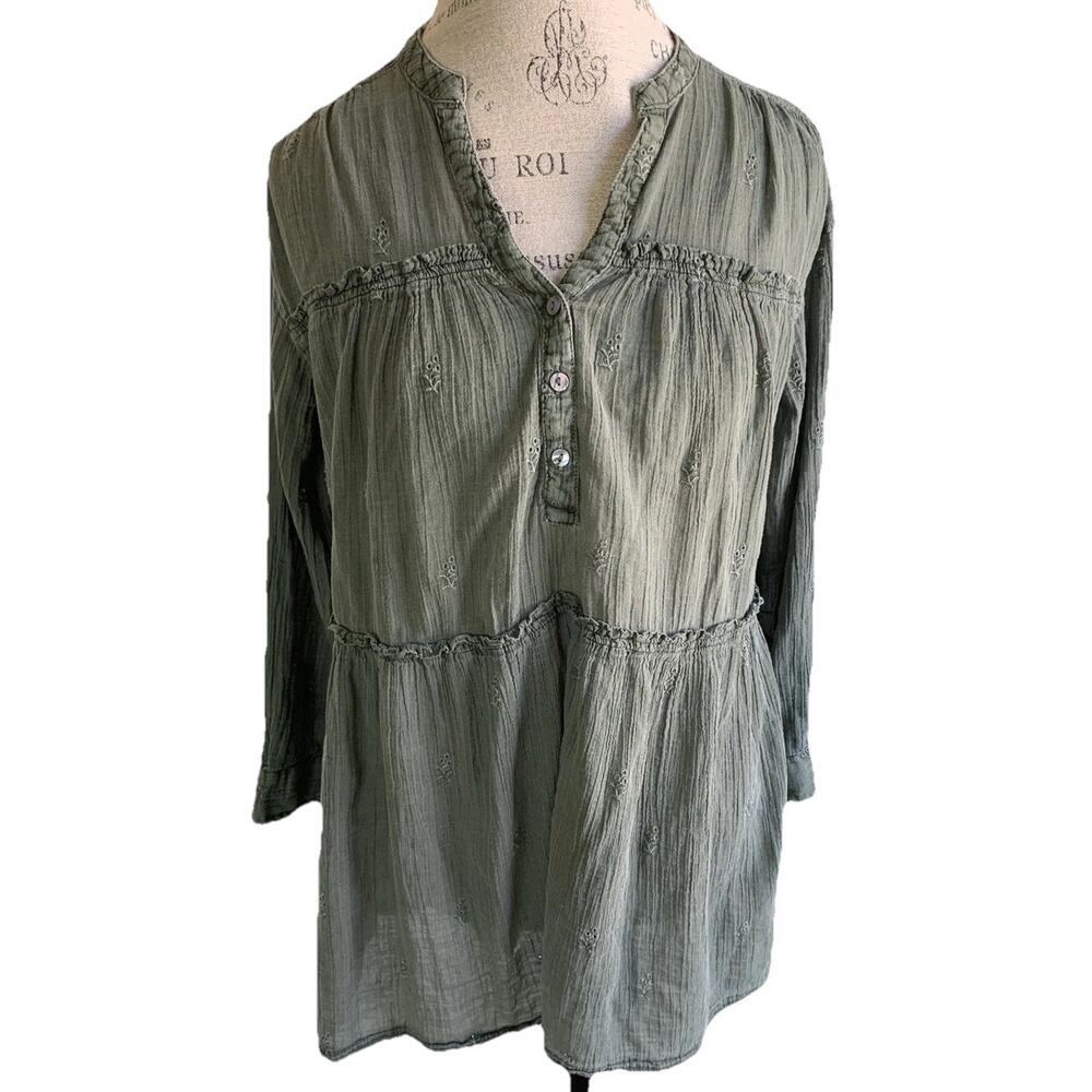 Sundance Tunic Blouse PXS Sage Green Eyelet Boho Peasant Cotton Gauze Flowy